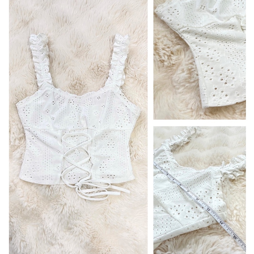 White Eyelet Lace-Up Crop Tank Top